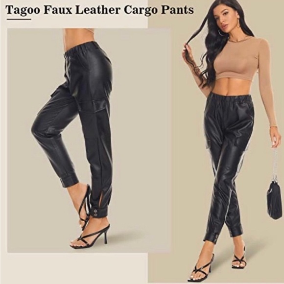 NWT TAGOO FAUX BLACK LEATHER CARGO PANTS - Picture 3 of 8